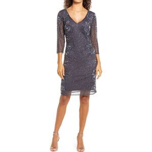 Pisarro Nights NWT Beaded V Neck Cocktail Dress 3/4 Sleeve V Neck Slate Ash 14
